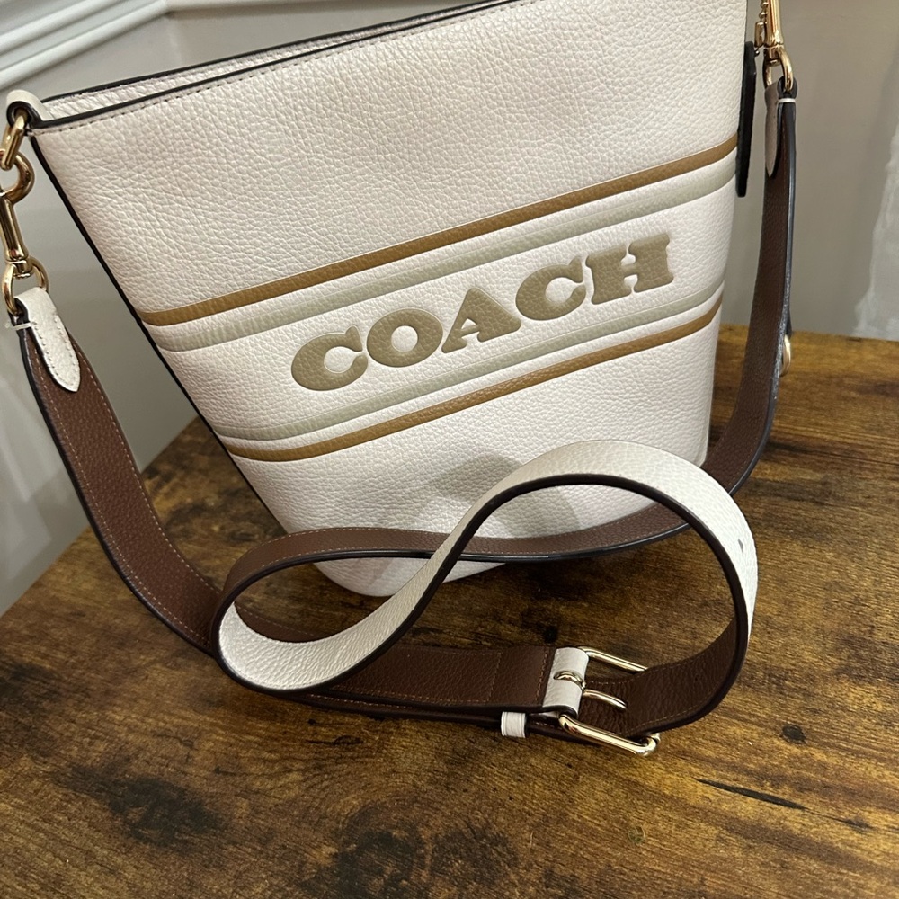 Coach White and Brown Shoulder Bag with Leather Accents
